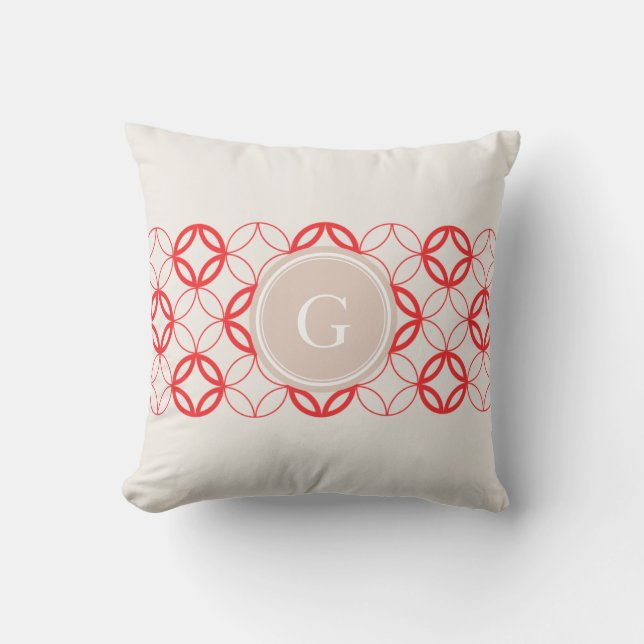 Chic red Moroccan circle pattern monogram Cushion (Front)
