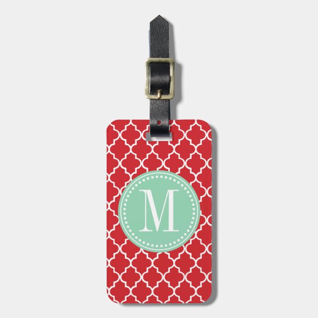 Chic Red Moroccan Lattice Personalised Luggage Tag (Front Vertical)