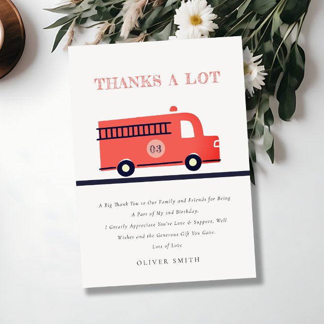 Chic Red Navy Fire Truck Engine Any Age Birthday  Thank You Card (Creator Uploaded)