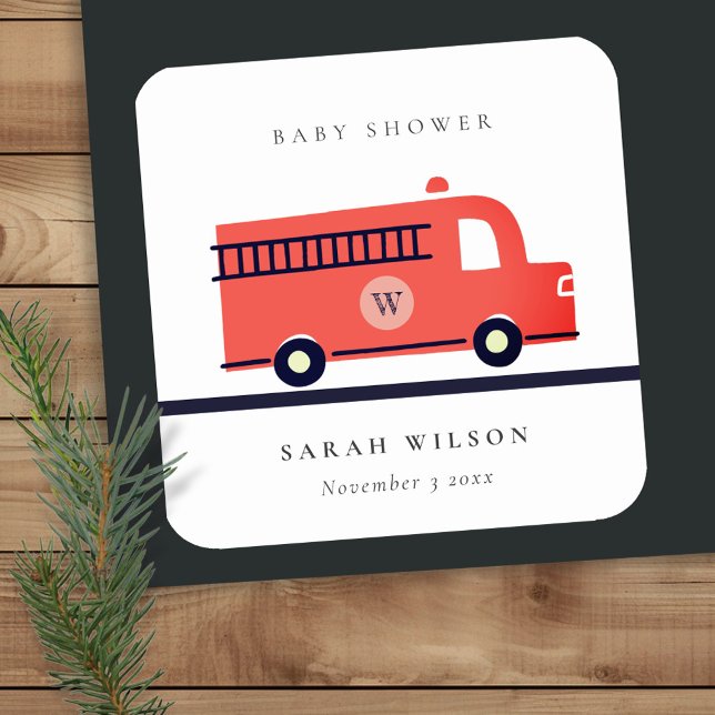 Chic Red Navy Fire Truck Engine Baby Shower Square Sticker (Creator Uploaded)