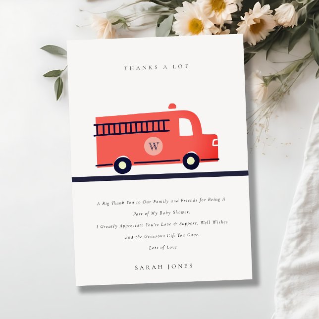 Chic Red Navy Fire Truck Engine Baby Shower Thank You Card (Creator Uploaded)