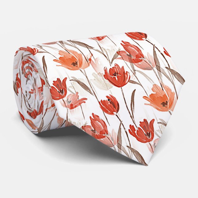 Chic Red Orange Poppy Flowers Watercolor Painting Tie (Rolled)
