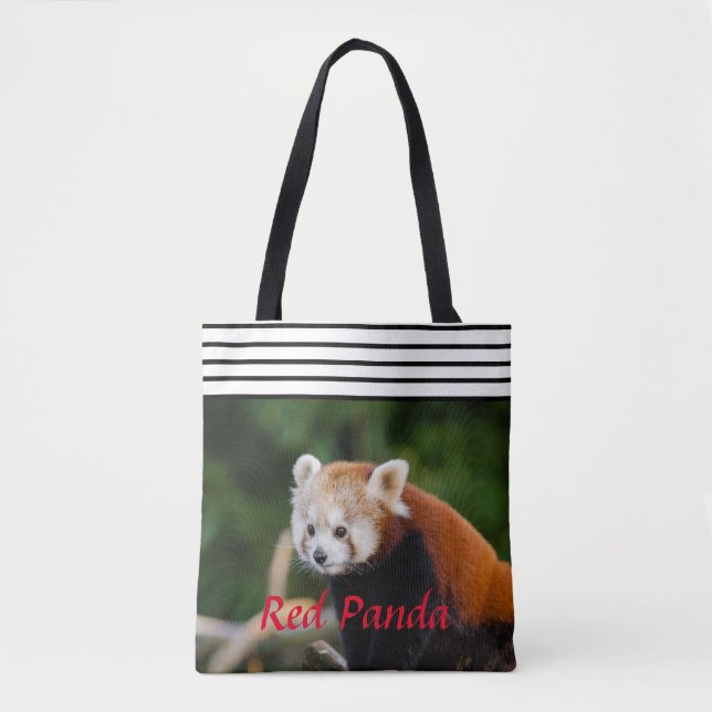 Chic Red Panda Striped Tote Bag (Front)