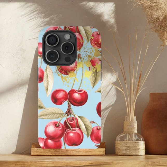Chic Red, Pastel Blue and Gold Cherry Fruit  Case-Mate iPhone Case (Creator Uploaded)