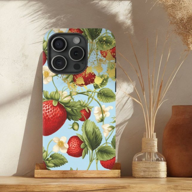 Chic Red, Pastel Blue and Gold Strawberry Fruit  Case-Mate iPhone Case (Creator Uploaded)