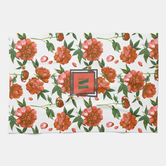 Chic Red Peonies Blooming Flowers Pattern Monogram Tea Towel (Horizontal)