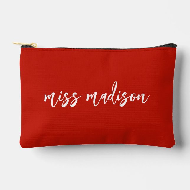 Chic Red Personalised Teacher's Name Script Accessory Pouch (Front)