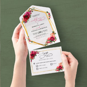 Chic red pink floral and faux gold all in one invitation