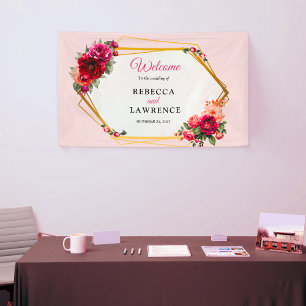 Chic red pink floral and faux gold wedding banner