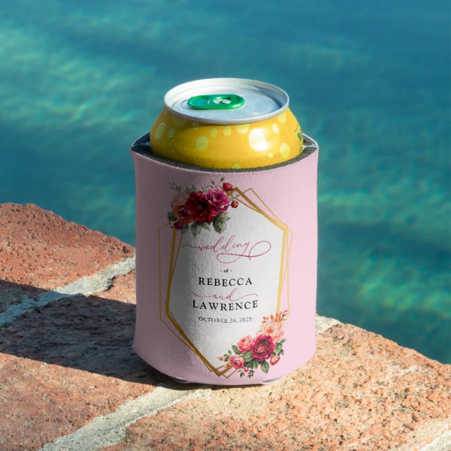 Chic red pink floral and faux gold wedding can cooler (In Situ Pool)