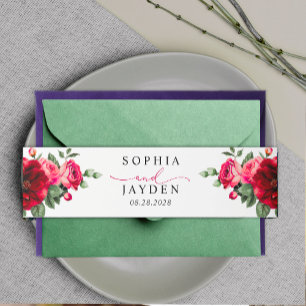 Chic red pink floral and faux gold wedding invitation belly band