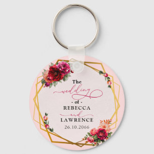 Chic red pink floral and faux gold wedding key ring