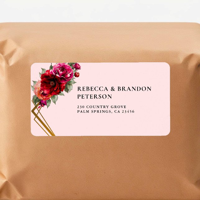 Chic red pink floral and faux gold wedding label (Creator Uploaded)