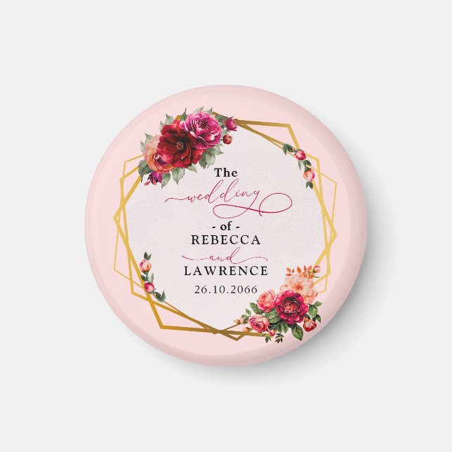 Chic red pink floral and faux gold wedding magnet (Front)