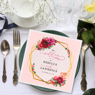 Chic red pink floral and faux gold wedding napkin
