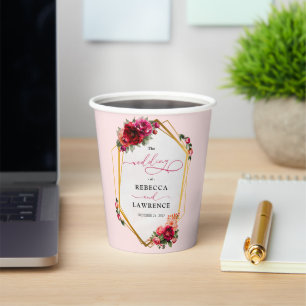 Chic red pink floral and faux gold wedding paper cups