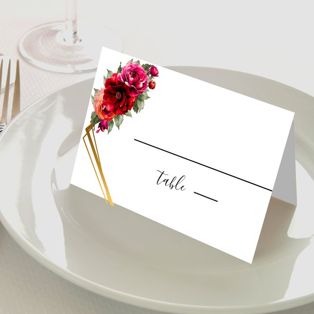 Chic red pink floral and faux gold wedding place card (Creator Uploaded)