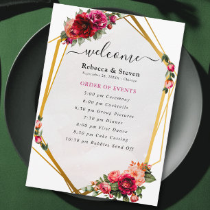 Chic red pink floral and faux gold wedding program programme