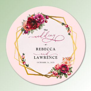 Chic red pink floral and faux gold wedding round paper coaster