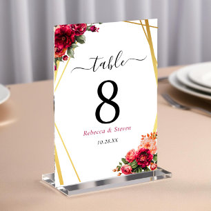 Chic red pink floral and faux gold wedding table number