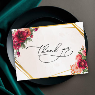 Chic red pink floral and faux gold wedding thank you card