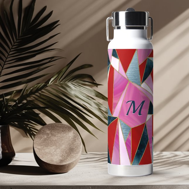 Chic red pink grey abstract geometric water bottle (Creator Uploaded)