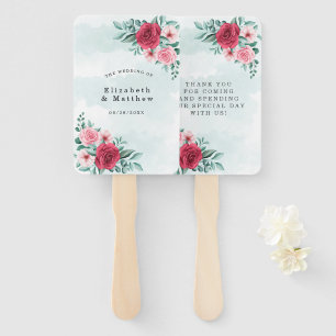 Chic Red Pink Peony Sage Foliage Wedding Thank You Hand Fan
