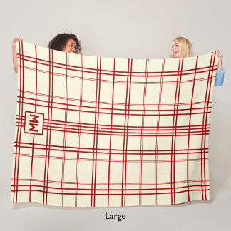 Chic red pinstripe plaid cream monogram fleece blanket