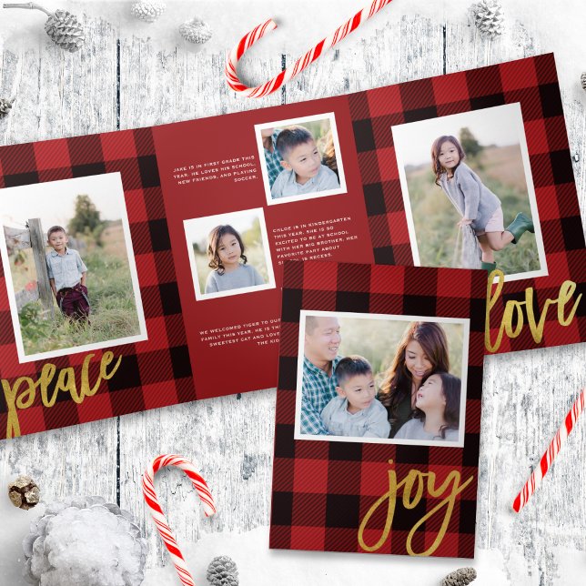 Chic Red Plaid + Gold Script Holiday Photo Card (Creator Uploaded)