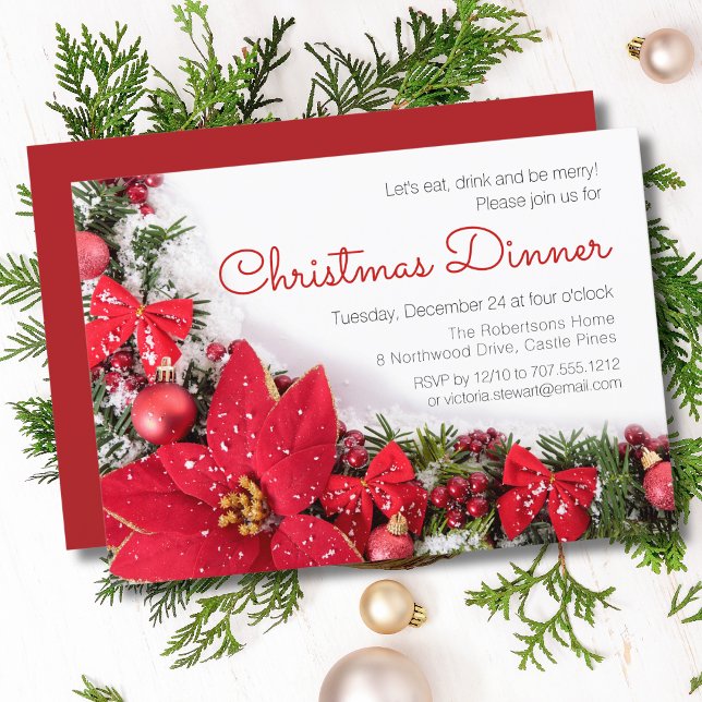 Chic Red Poinsettia Pine Christmas Dinner Party Invitation (Creator Uploaded)