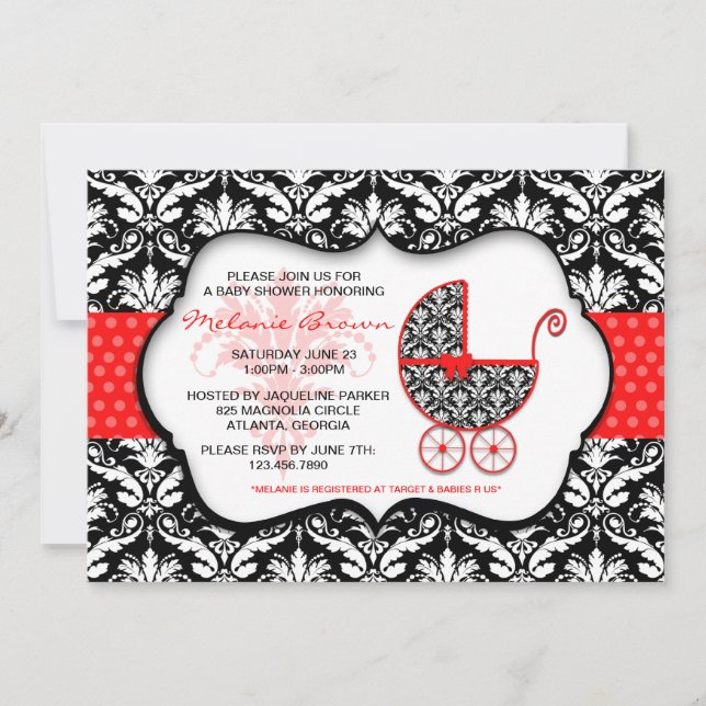Chic Red Polka Dot Damask Baby Shower Invite (Front)