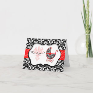Chic Red Polka Dot Damask Baby Shower Thank You Card
