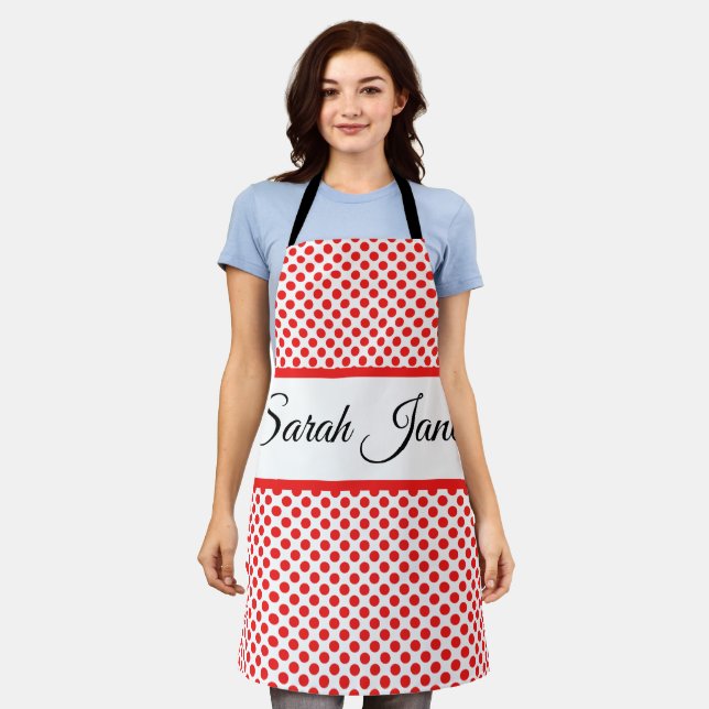 Chic Red Polka Dots Elegant Script Custom Name Apron (Worn)