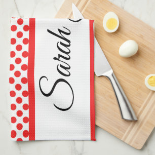 Chic Red Polka Dots Elegant Script Custom Name Tea Towel