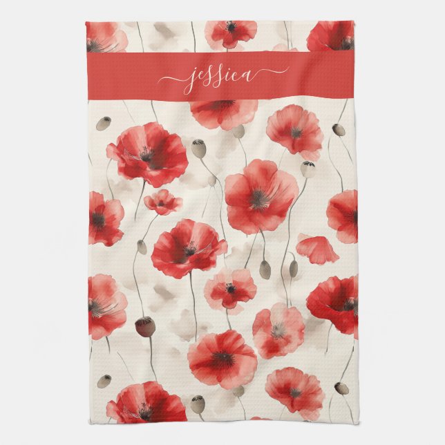 Chic red poppies script name  tea towel (Vertical)