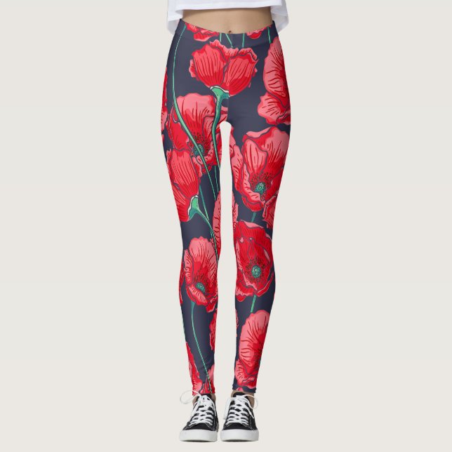 Chic Red poppy flowers hand painted pattern Leggings (Front)