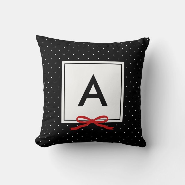 Chic Red Ribbon Black Polka Dot Pattern Monogram Cushion (Front)