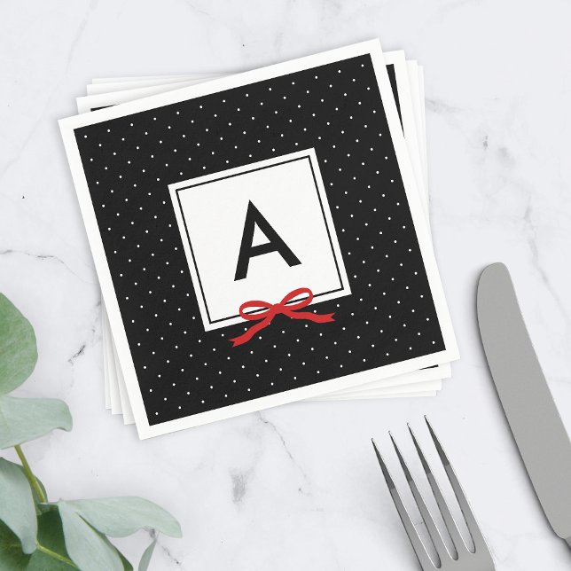 Chic Red Ribbon Black Polka Dot Pattern Monogram Napkin (Creator Uploaded)