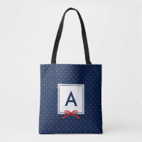 Chic Red Ribbon Blue Polka Dot Pattern Monogram
