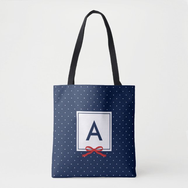 Chic Red Ribbon Blue Polka Dot Pattern Monogram Tote Bag (Front)