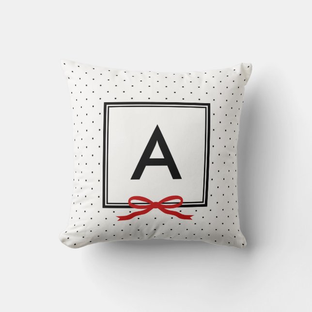 Chic Red Ribbon Polka Dot Pattern Monogram Cushion (Front)
