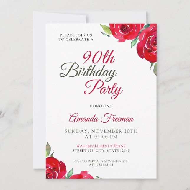 Chic Red Rose 90th Birthday Invitation (Front)