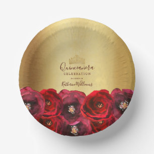 Chic Red Rose Floral Gold Crown Quinceañera Paper Plate