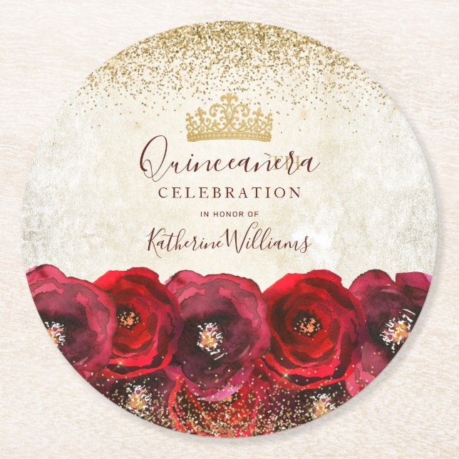 Chic Red Rose Floral Gold Crown Quinceañera Round Paper Coaster (Front)