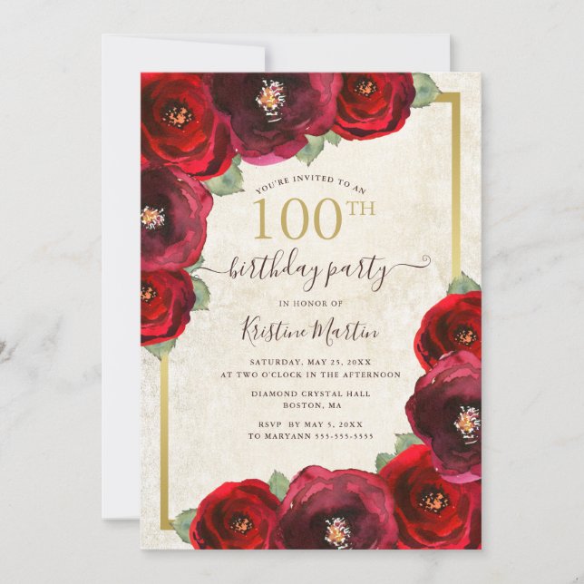 Chic Red Rose Water Floral Gold 100th Birthday Invitation (Front)
