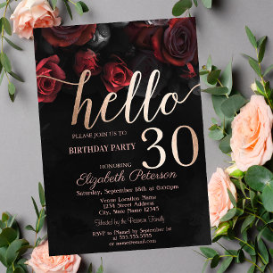 Chic Red Roses Black 30th Birthday Party Invitation