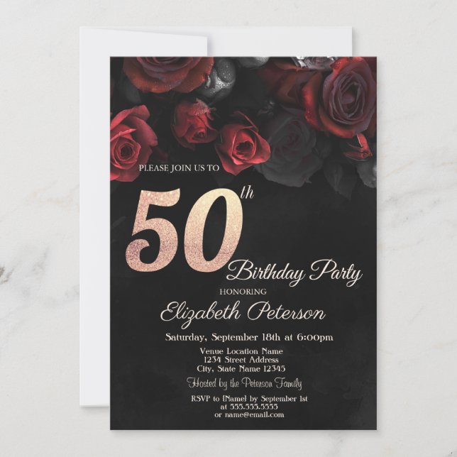Chic Red Roses Black 50th Birthday  Invitation (Front)