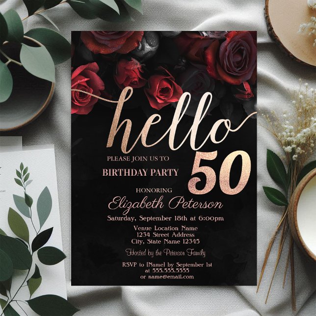Chic Red Roses Black 50th Birthday Party Invitation (Creator Uploaded)