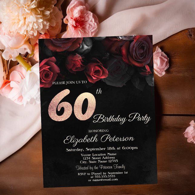 Chic Red Roses Black 60th Birthday  Invitation (Creator Uploaded)