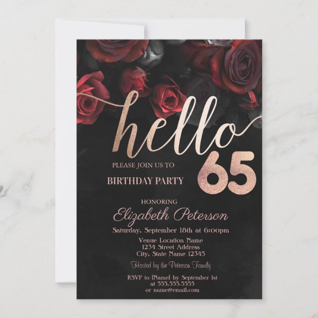 Chic Red Roses Black 65th Birthday Party Invitation (Front)